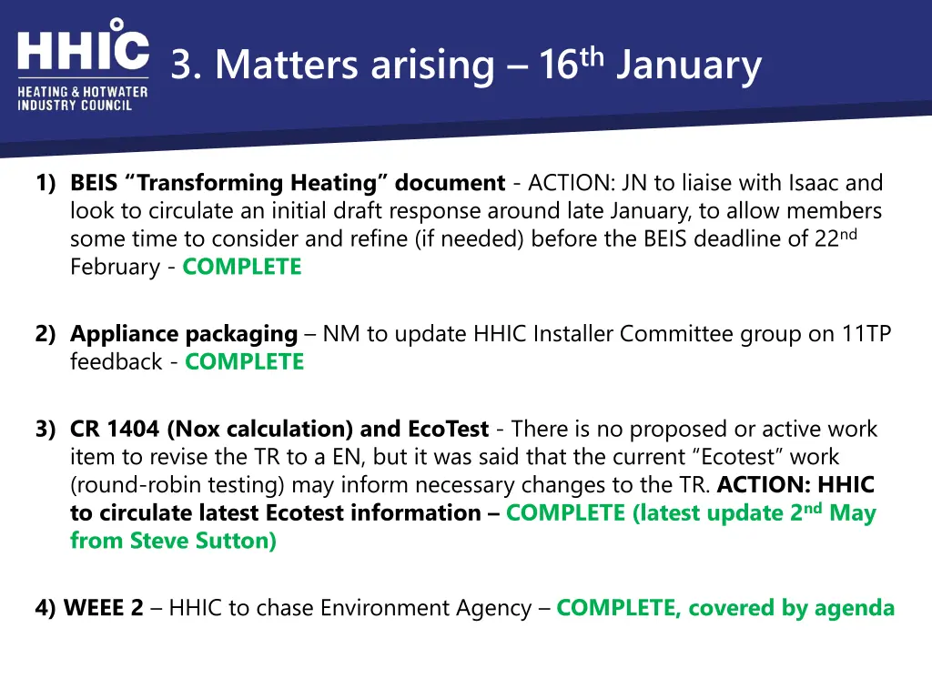 3 matters arising 16 th january