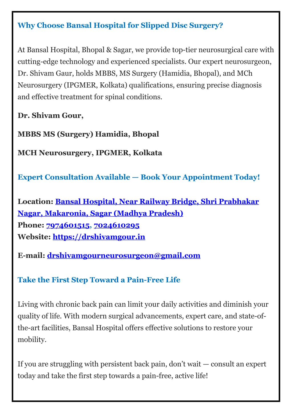 why choose bansal hospital for slipped disc