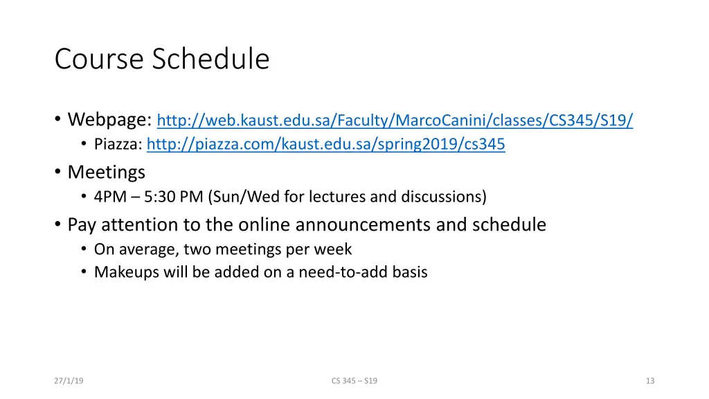 course schedule