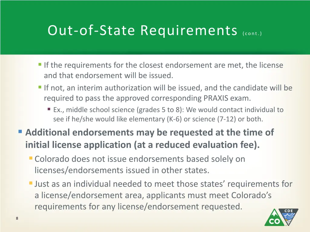 out of state requirements cont