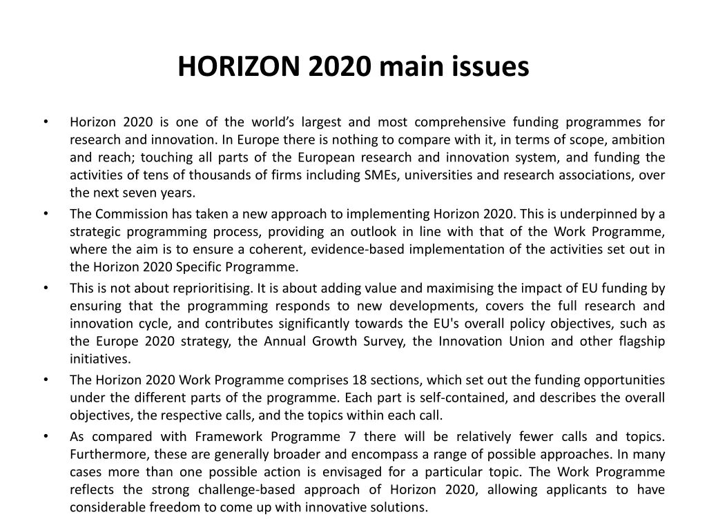 horizon 2020 main issues 1
