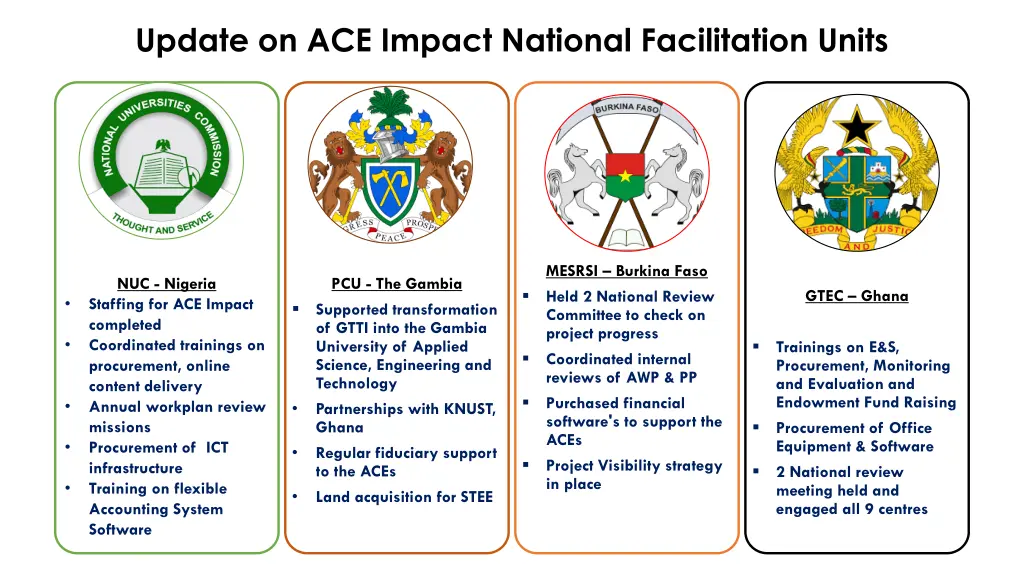 update on ace impact national facilitation units