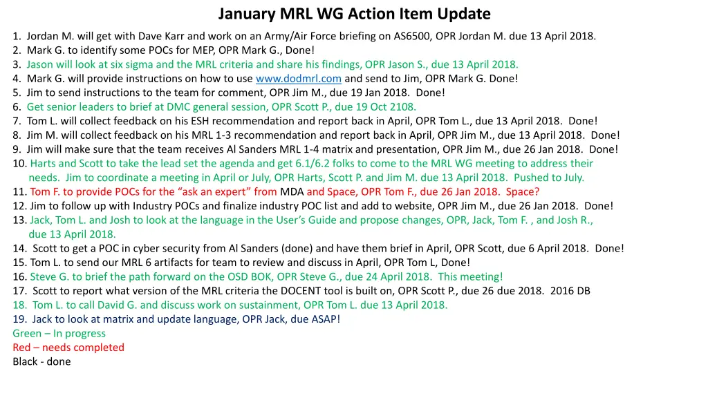 january mrl wg action item update