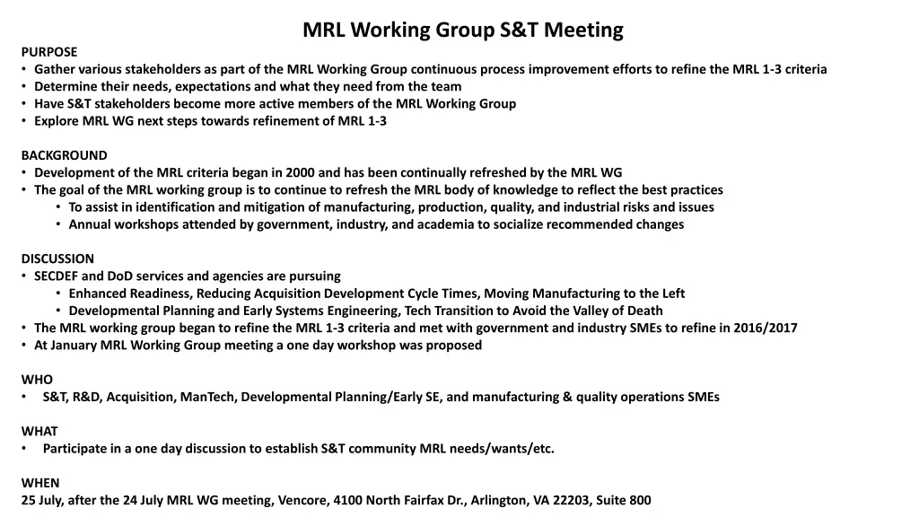 mrl working group s t meeting