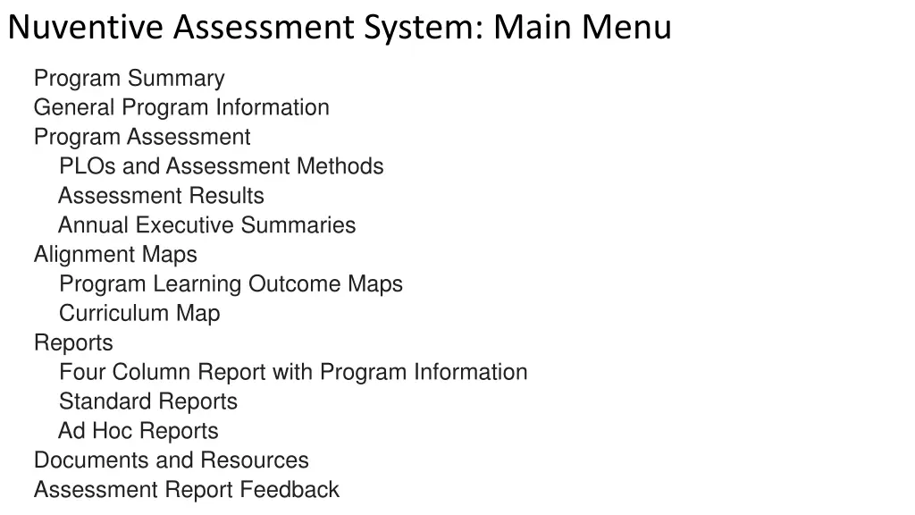nuventive assessment system main menu