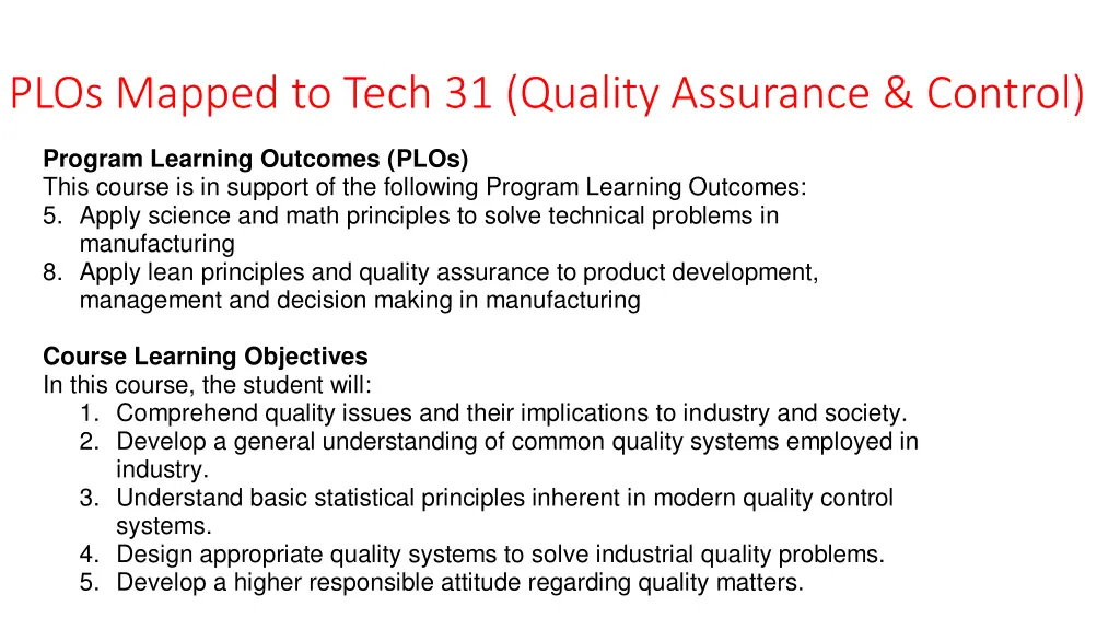 plos mapped to tech 31 quality assurance control