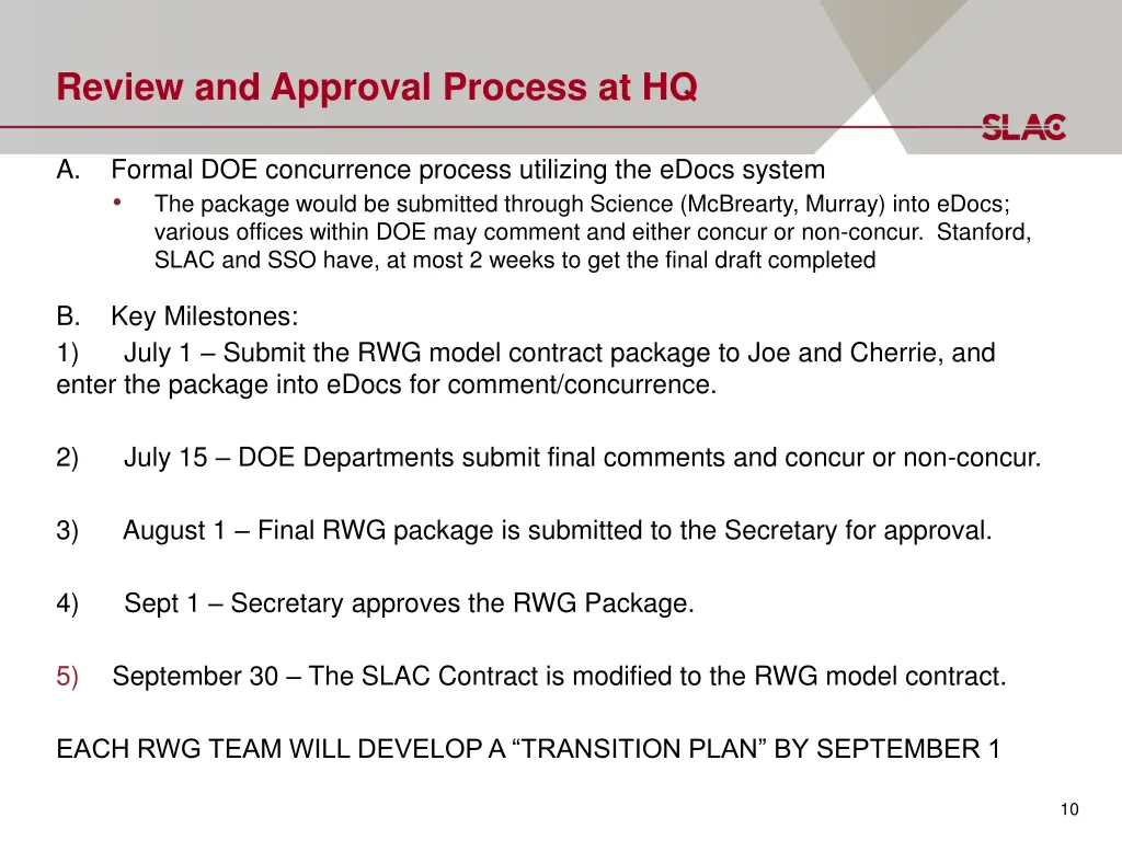 review and approval process at hq