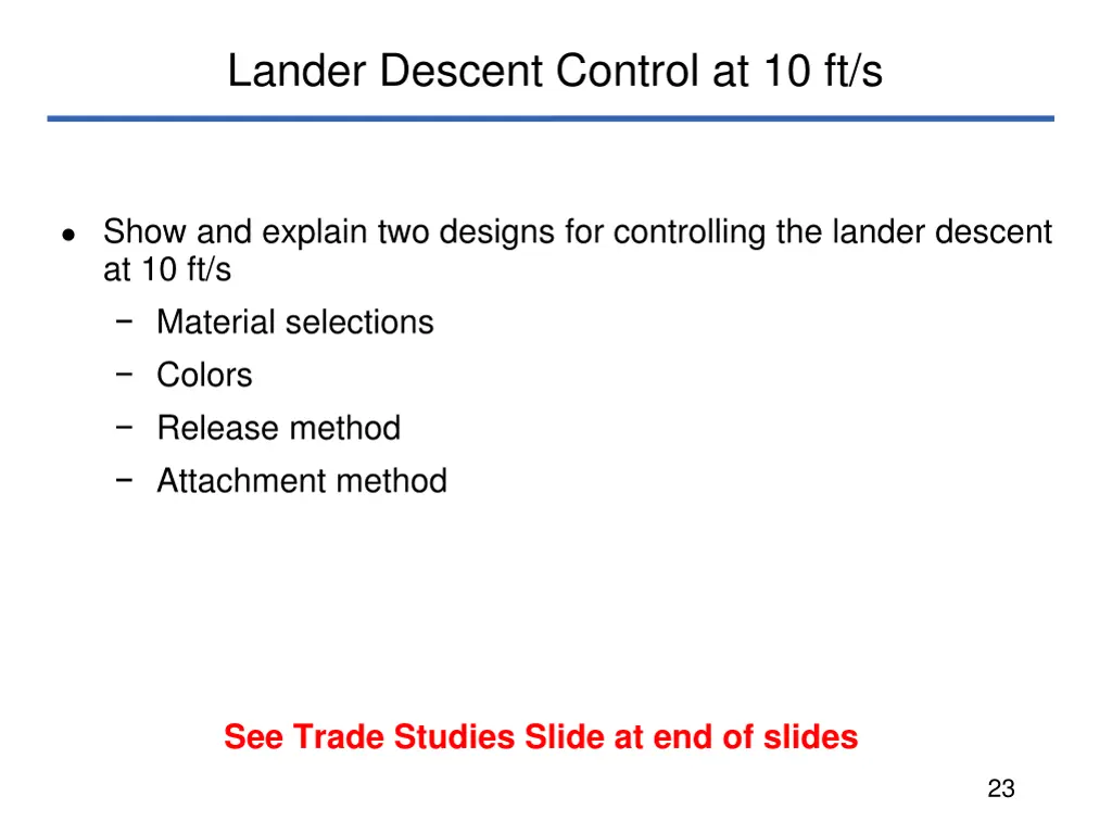 lander descent control at 10 ft s