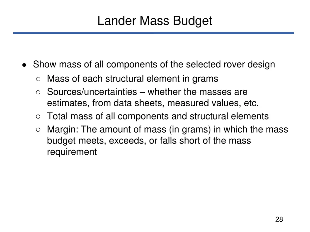 lander mass budget