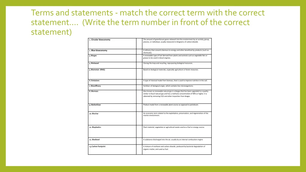 terms and statements match the correct term with