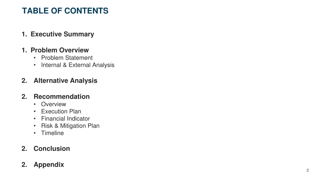 table of contents