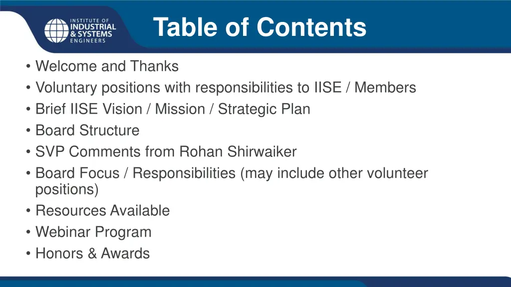 table of contents