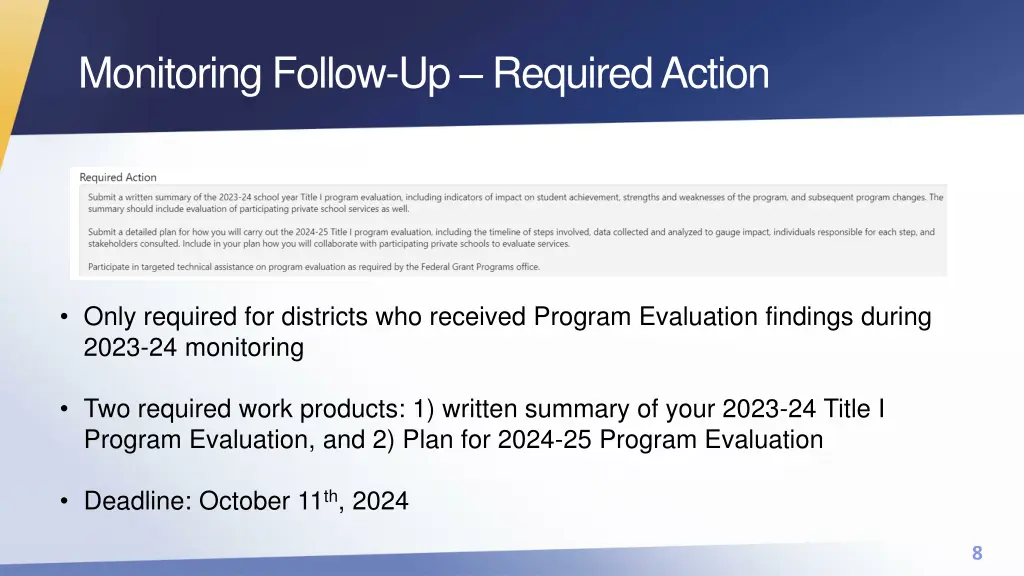 monitoring follow up required action