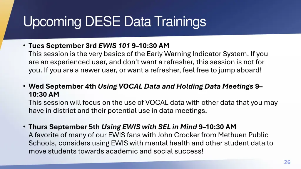 upcoming dese data trainings
