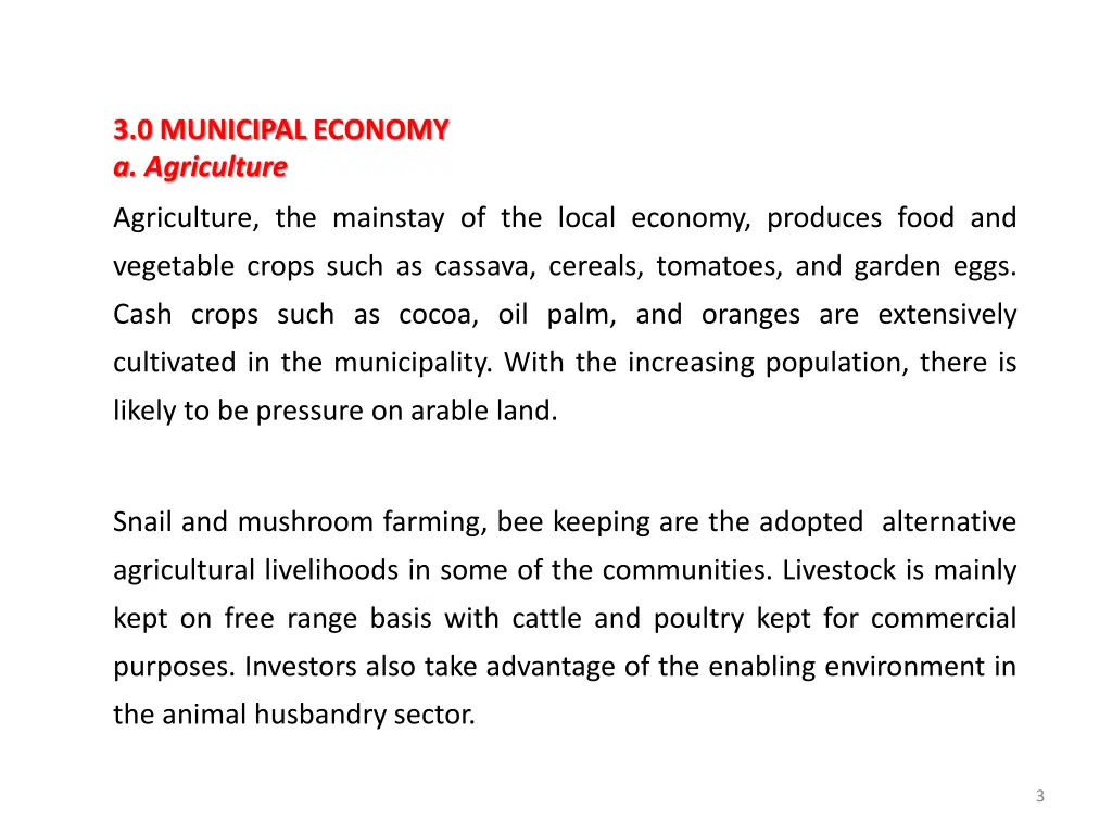 3 0 municipal economy a agriculture