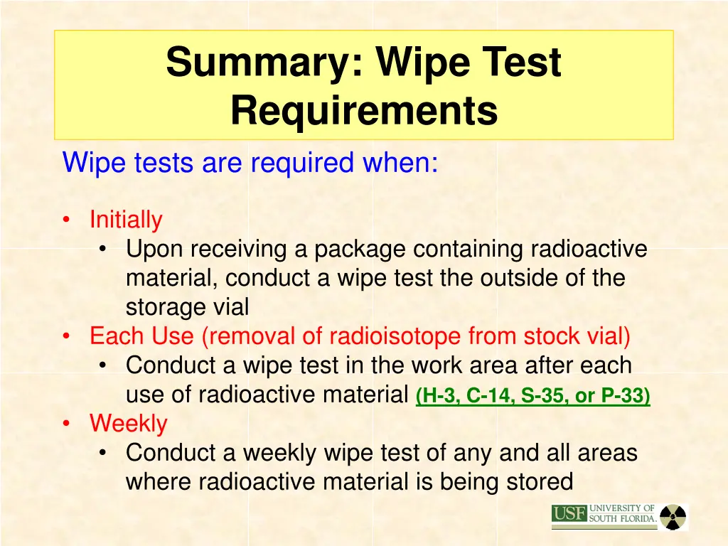 summary wipe test requirements wipe tests