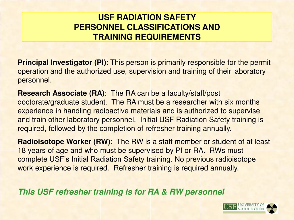 usf radiation safety personnel classifications