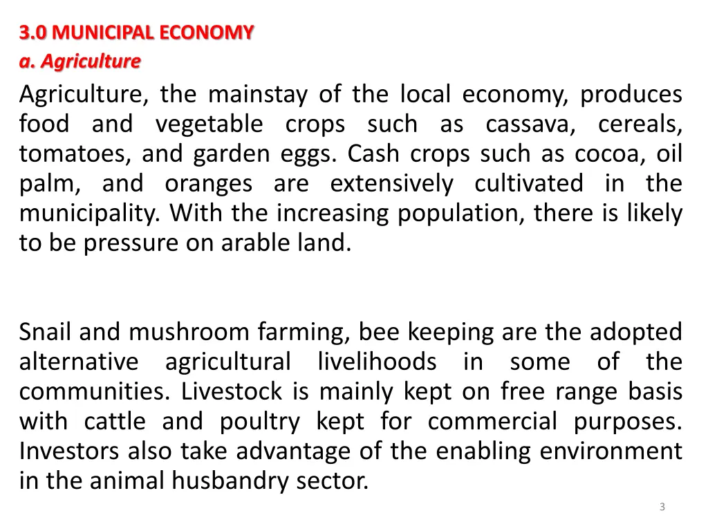 3 0 municipal economy a agriculture agriculture