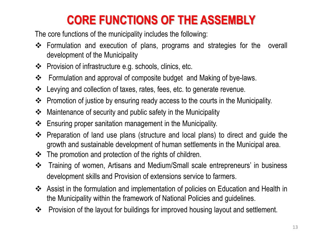 core functions of the assembly the core functions