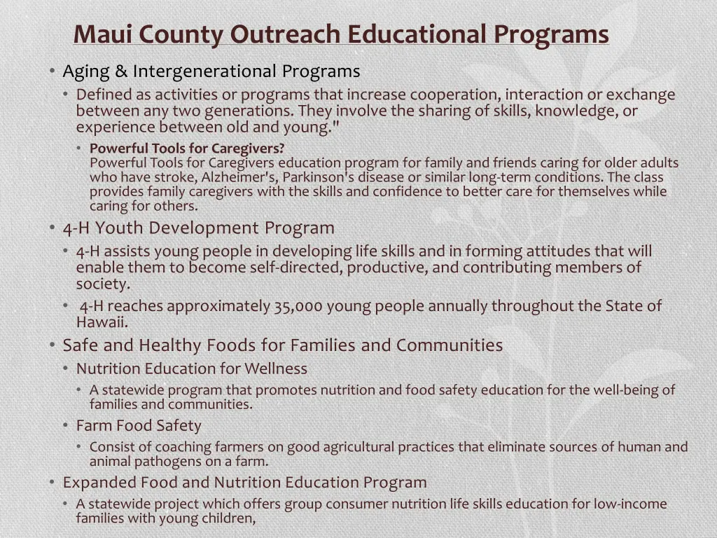 maui county outreach educational programs aging