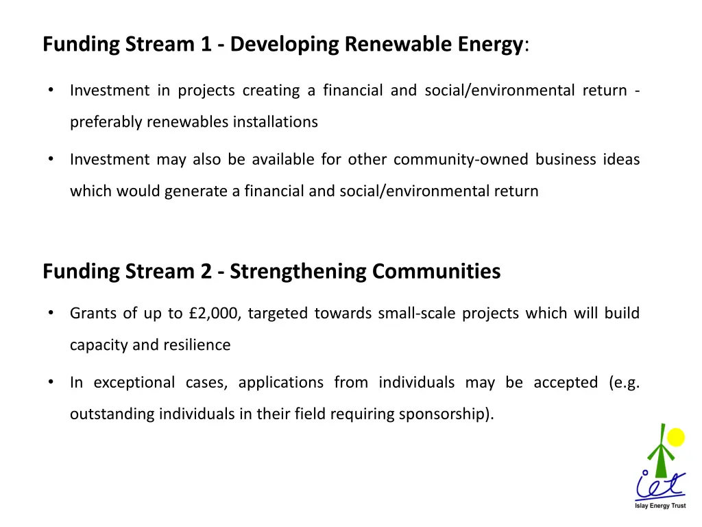 funding stream 1 developing renewable energy
