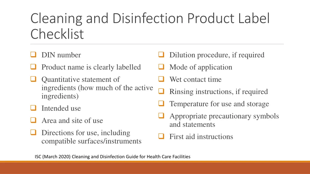 cleaning and disinfection product label checklist