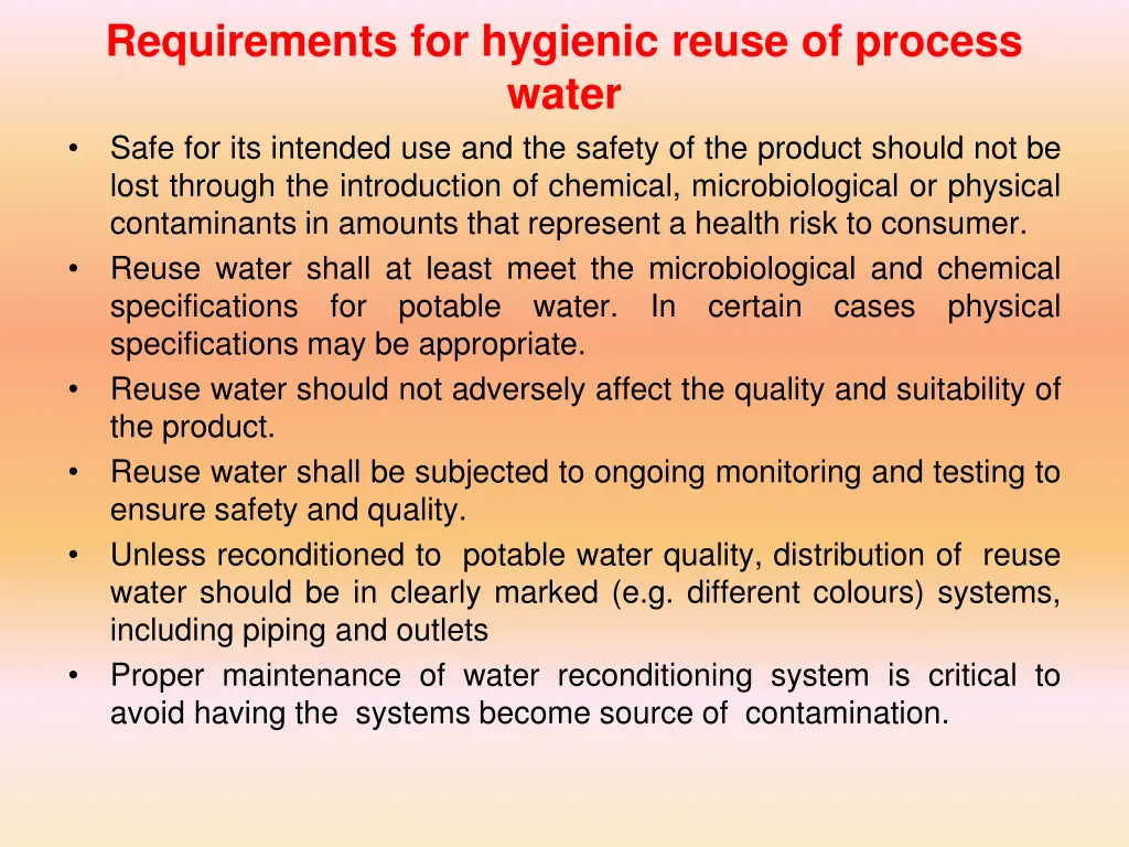requirements for hygienic reuse of process water