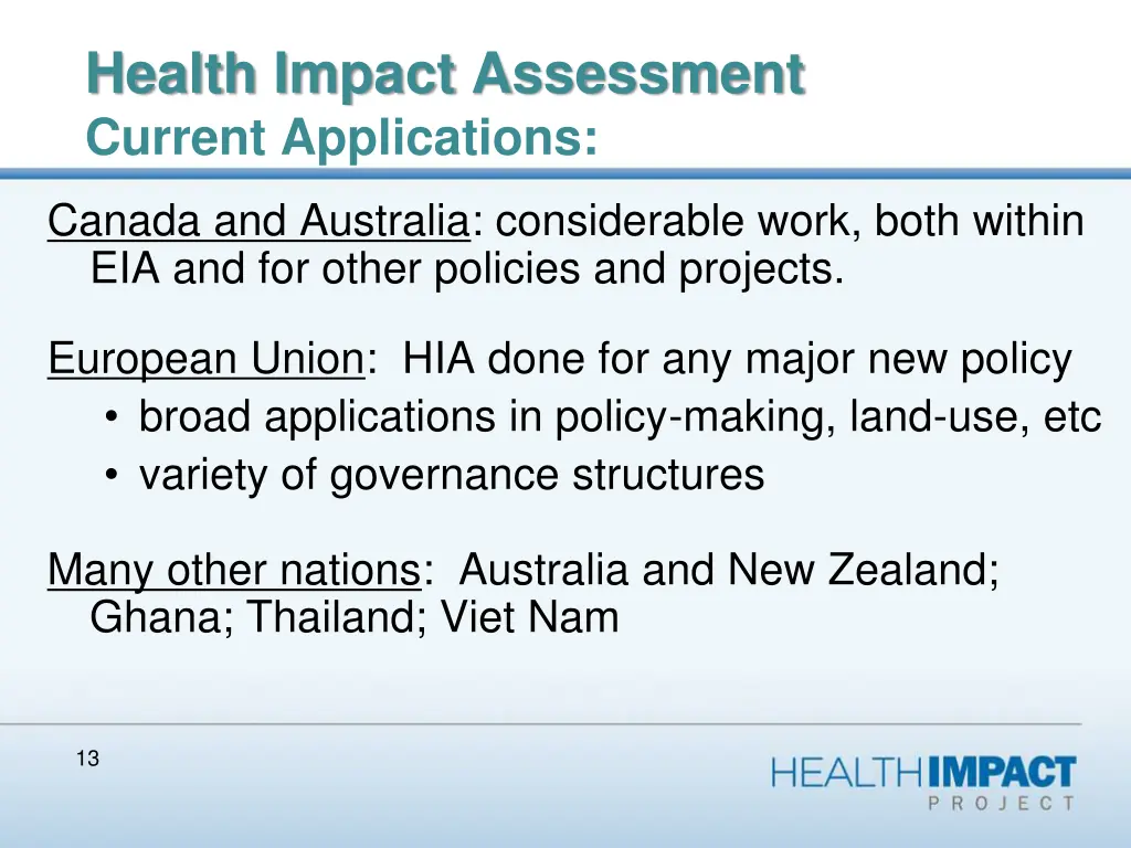 health impact assessment current applications