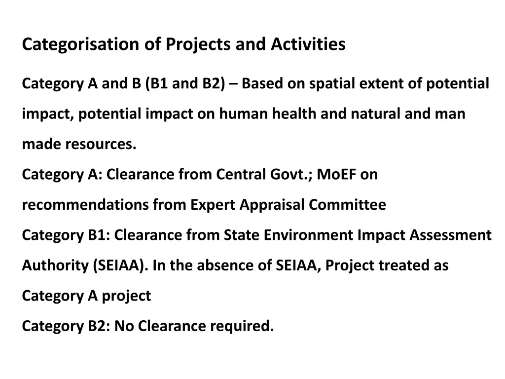 categorisation of projects and activities