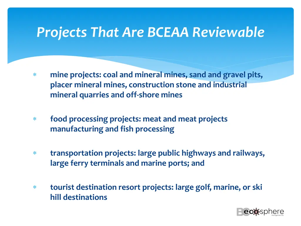 projects that are bceaa reviewable 1