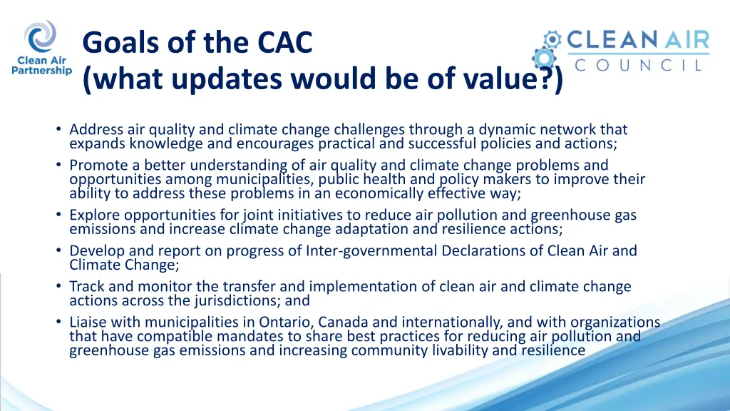 goals of the cac what updates would be of value