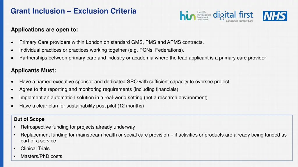 grant inclusion exclusion criteria 1