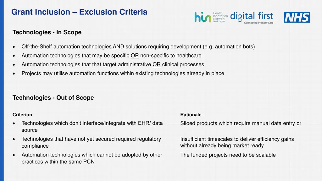 grant inclusion exclusion criteria