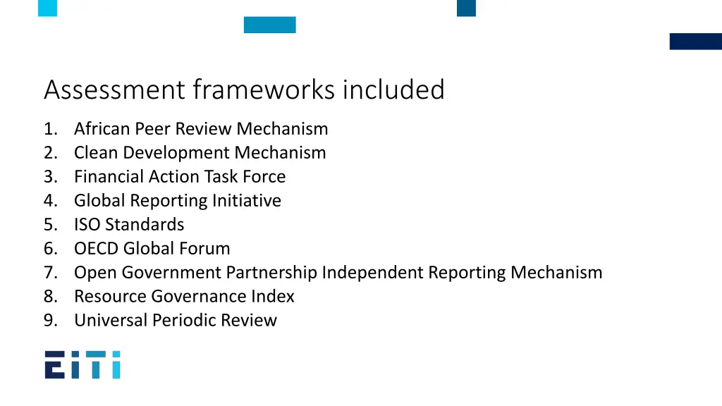 assessment frameworks included