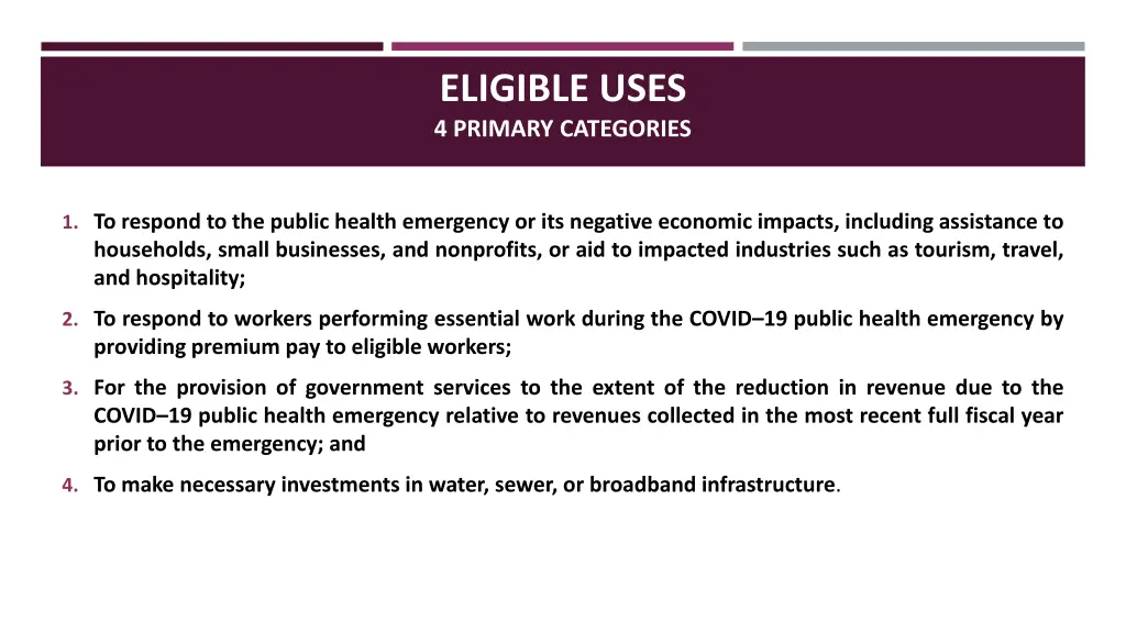 eligible uses 4 primary categories