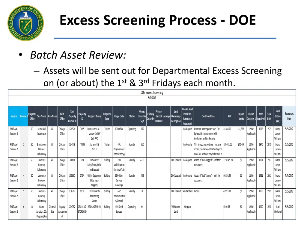 excess screening process doe 1