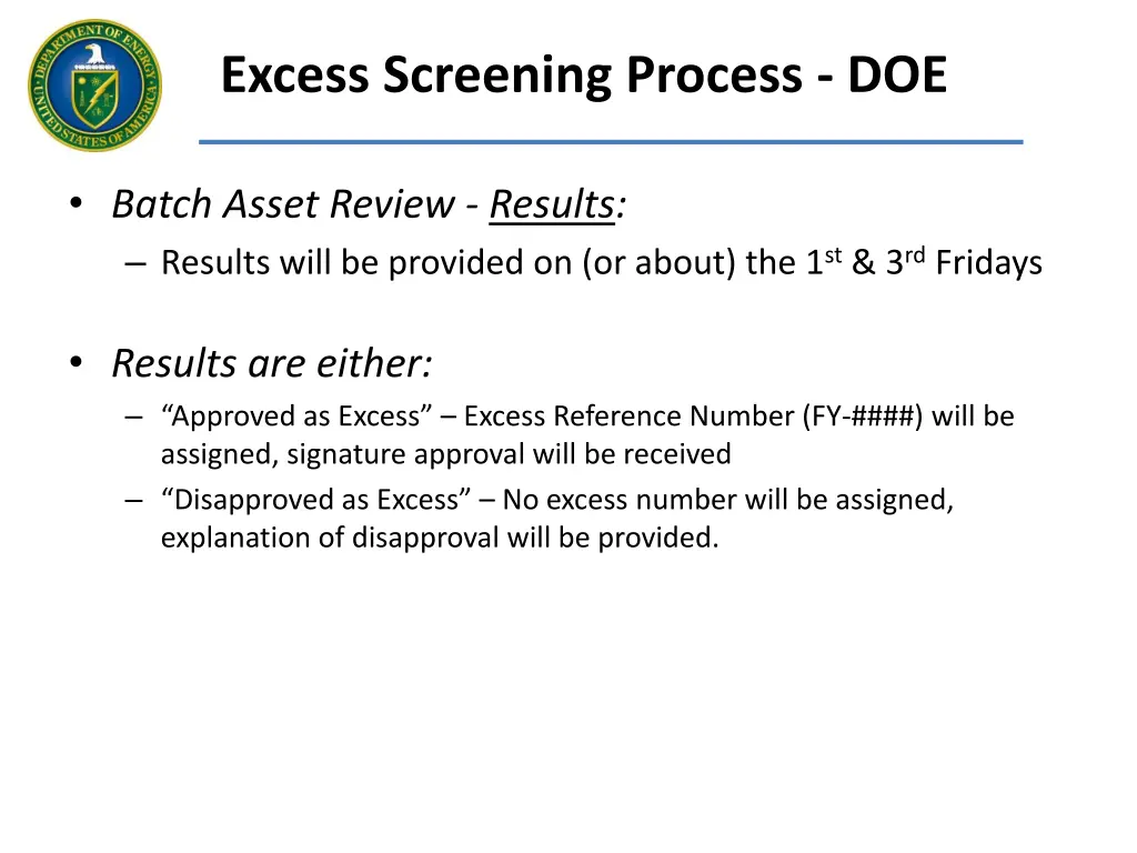 excess screening process doe 2
