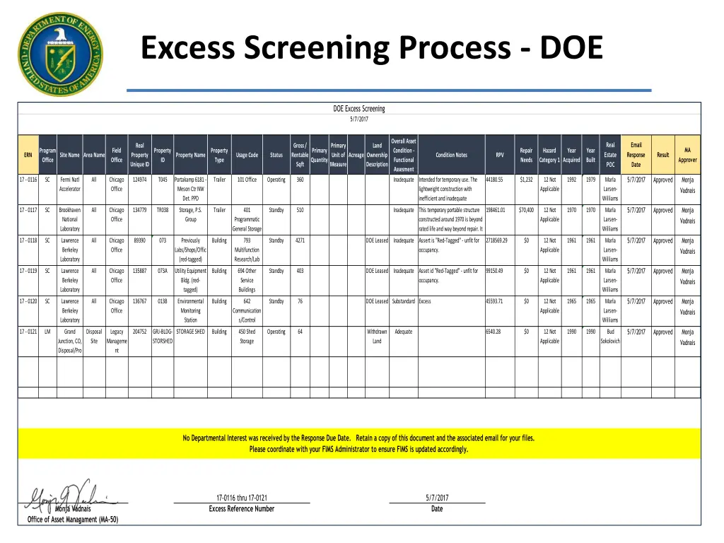 excess screening process doe 3