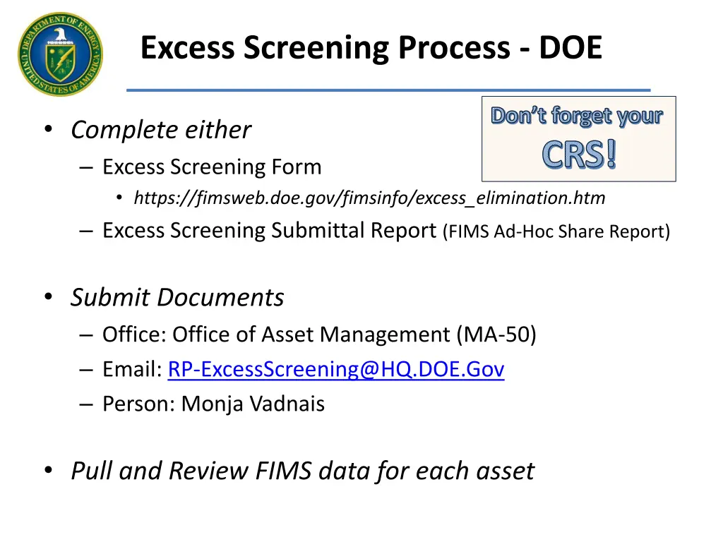 excess screening process doe
