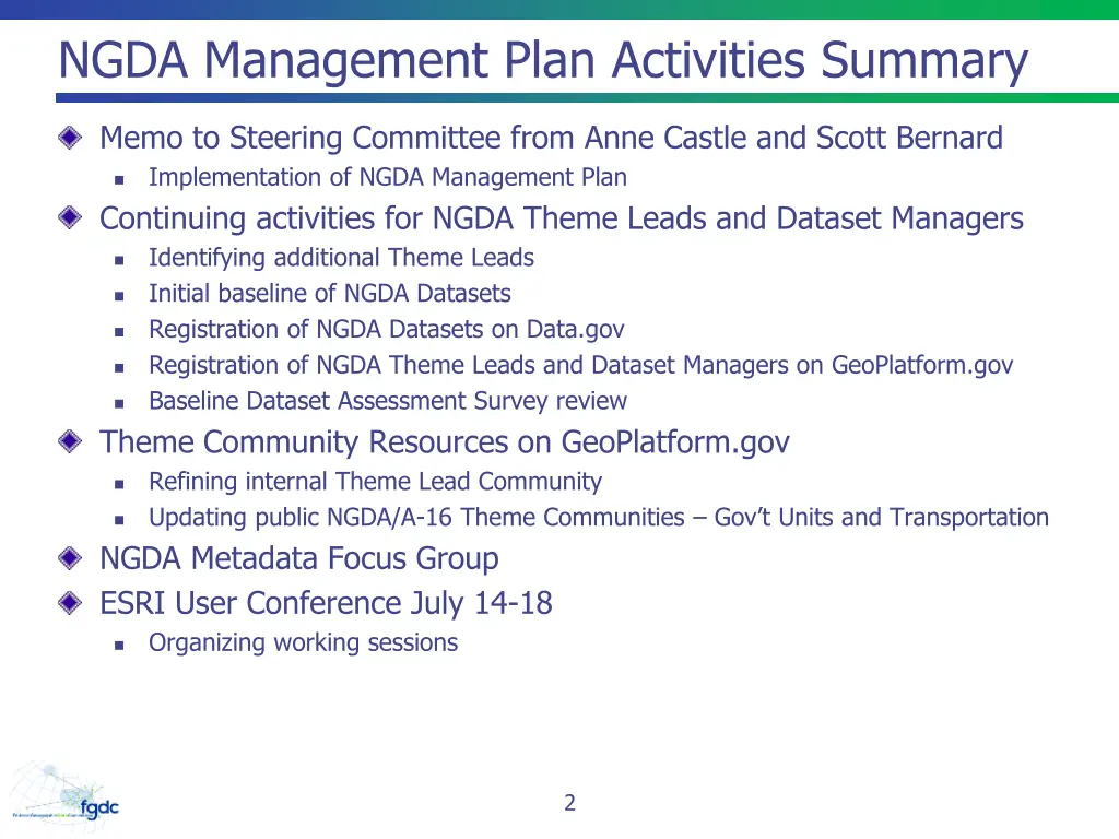ngda management plan activities summary