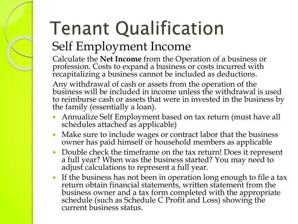 tenant qualification self employment income