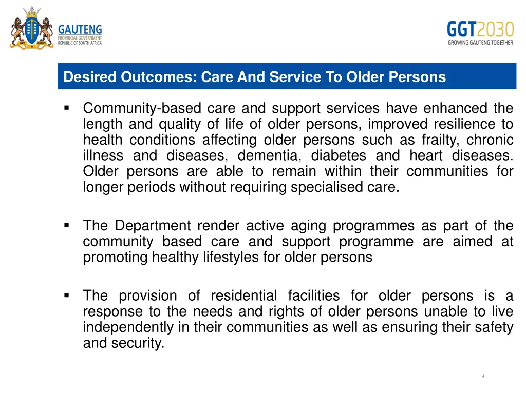 desired outcomes care and service to older persons