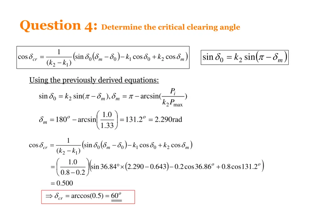 question 4 determine the critical clearing angle 2