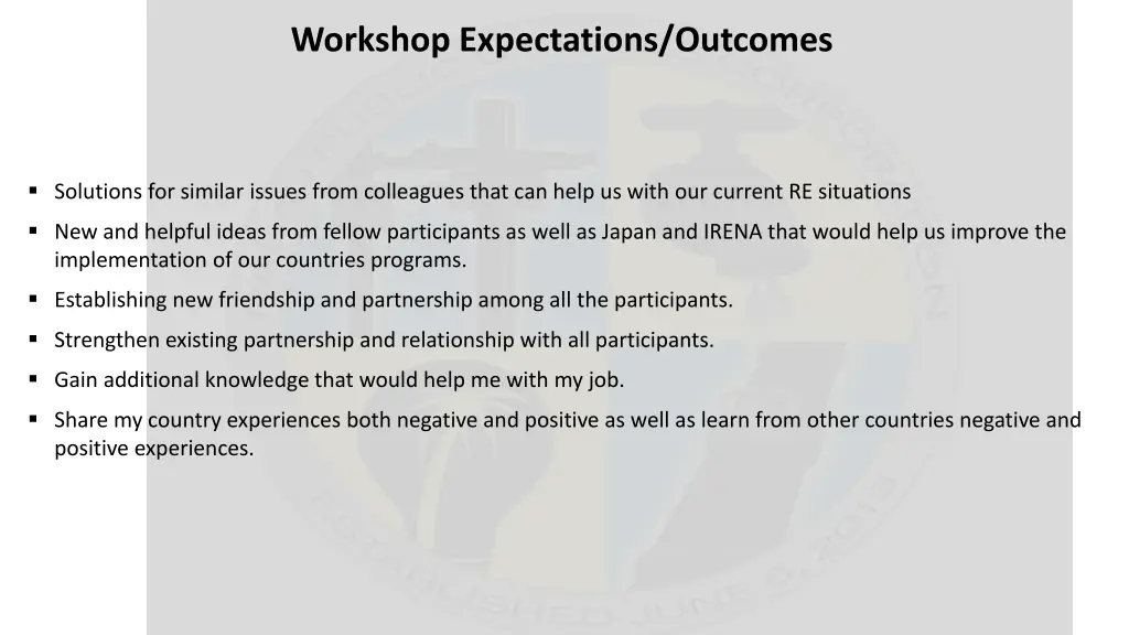 workshop expectations outcomes