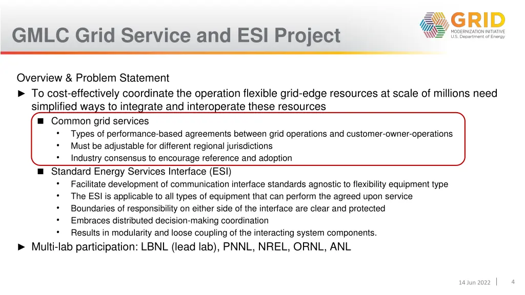 gmlc grid service and esi project