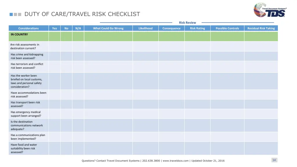 duty of care travel risk checklist 12
