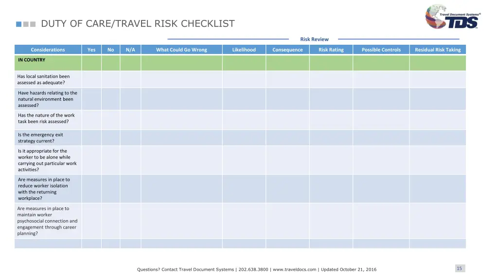 duty of care travel risk checklist 13
