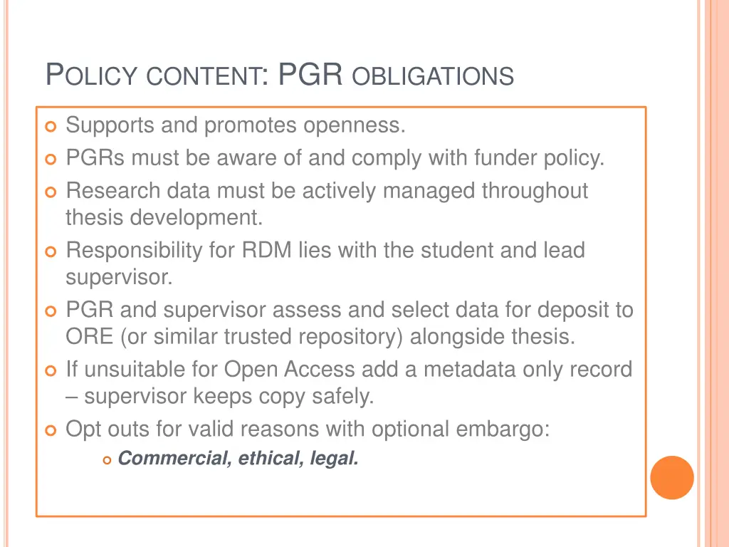p olicy content pgr obligations