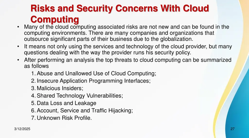 risks and security concerns with cloud computing