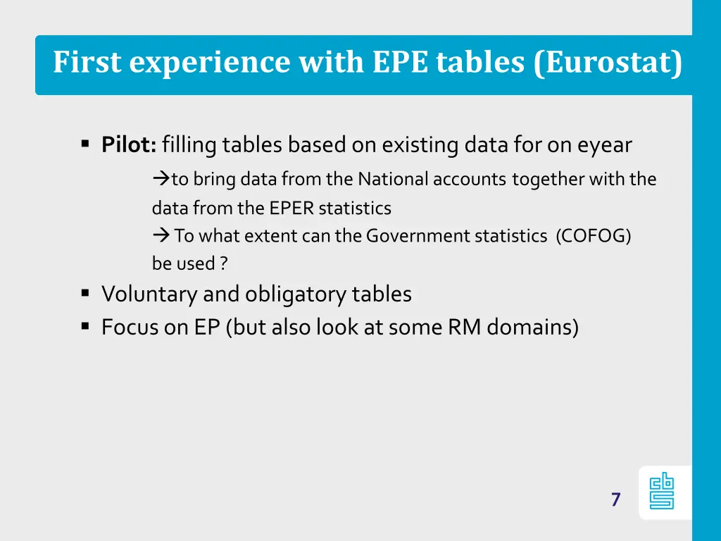first experience with epe tables eurostat